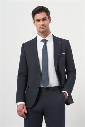 Morven Erkek Lacivert Poliviskon Basic Jakar Desen Slim Fit Sivri Yaka Takım Elbise