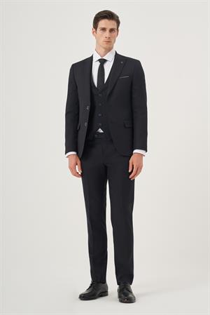 Morven Erkek Lacivert Poliviskon Basic Yelekli Jakarlı Slim Fit Sivri Yaka Takım Elbse