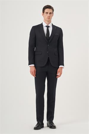 Morven Erkek Lacivert Poliviskon Basic Yelekli Jakarlı Slim Fit Sivri Yaka Takım Elbse