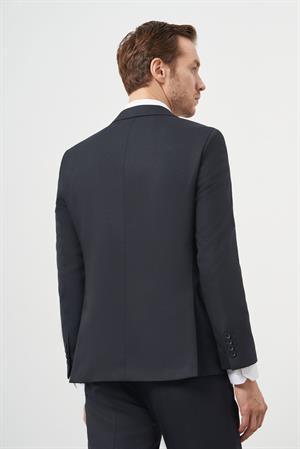 Morven Erkek Lacivert Poliviskon Basic Yelekli Jakar Desen Slim Fit Sivri Yaka Takım Elbise