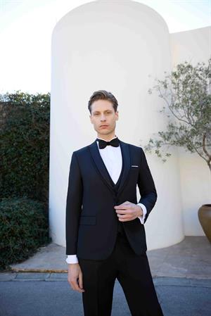 Morven Erkek Lacivert Poliviskon Ceromonia Jakar Desen Slim Fit Şal Çıkma Yaka Damatlık