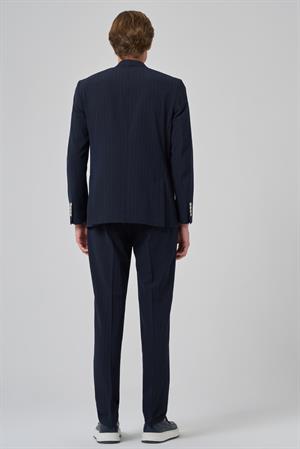 Morven Erkek Lacivert Poliviskon Çizgili Spor Kruvaze Slim Fit Sivri Yaka Takım Elbise