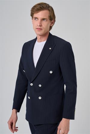 Morven Erkek Lacivert Poliviskon Çizgili Spor Kruvaze Slim Fit Sivri Yaka Takım Elbise