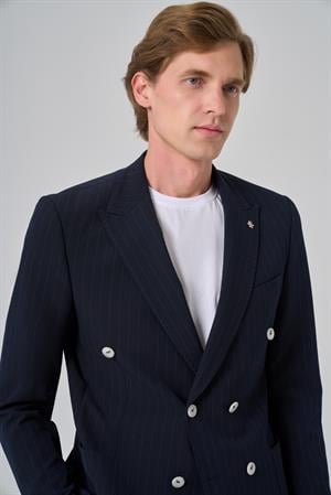 Morven Erkek Lacivert Poliviskon Çizgili Spor Kruvaze Slim Fit Sivri Yaka Takım Elbise