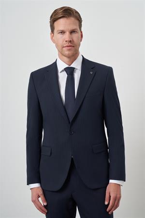 Morven Erkek Lacivert Poliviskon Çizgili Slim Fit Mono Yaka Takım Elbise