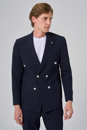 Morven Erkek Lacivert Poliviskon Çizgili Spor Kruvaze Slim Fit Sivri Yaka Takım Elbise