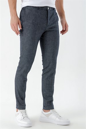 Morven Erkek Lacivert Poliviskon-Keten Desenli Yandan Lastikli Slim Fit Pantolon