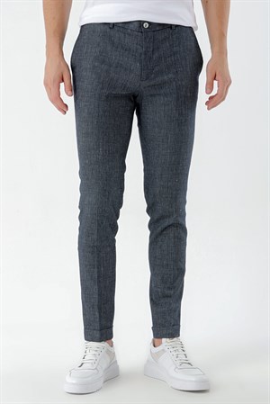 Morven Erkek Lacivert Poliviskon-Keten Desenli Yandan Lastikli Slim Fit Pantolon