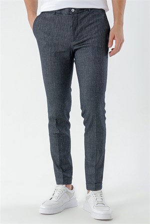 Morven Erkek Lacivert Poliviskon-Keten Desenli Yandan Lastikli Slim Fit Pantolon
