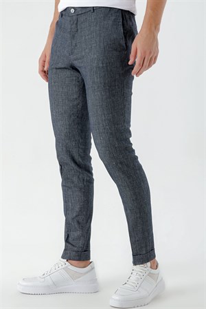 Morven Erkek Lacivert Poliviskon-Keten Desenli Yandan Lastikli Slim Fit Pantolon