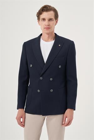 Morven Erkek Lacivert Poliviskon Kruvaze Desenli Slim Fit Sivri Yaka Ceket