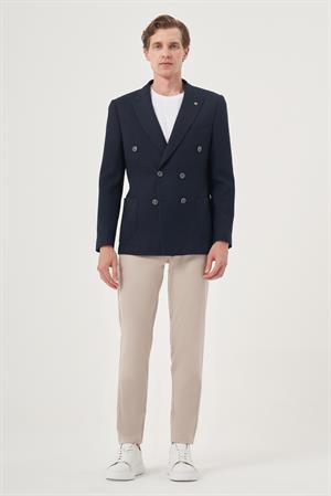 Morven Erkek Lacivert Poliviskon Kruvaze Desenli Slim Fit Sivri Yaka Ceket