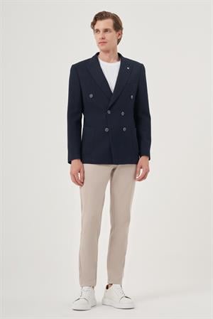 Morven Erkek Lacivert Poliviskon Kruvaze Desenli Slim Fit Sivri Yaka Ceket