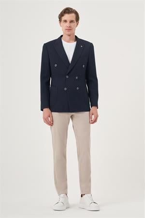 Morven Erkek Lacivert Poliviskon Kruvaze Desenli Slim Fit Sivri Yaka Ceket