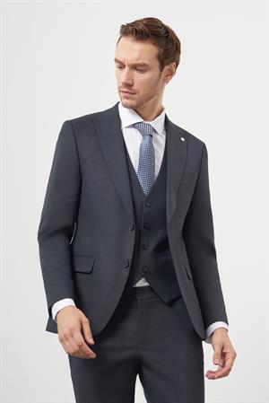 Morven Erkek Lacivert Poliviskon Trend Yelekli Desenli Slim Fit Sivri Yaka Takım Elbise