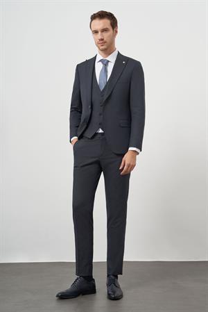 Morven Erkek Lacivert Poliviskon Trend Yelekli Desenli Slim Fit Sivri Yaka Takım Elbise