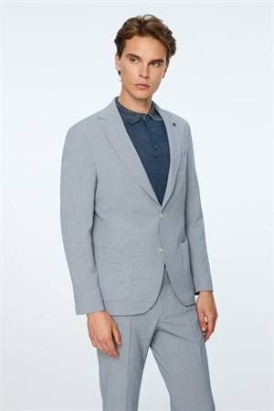 Morven Erkek Lacivert Poliviskon Trend Desenli Slim Fit Mono Yaka Ceket