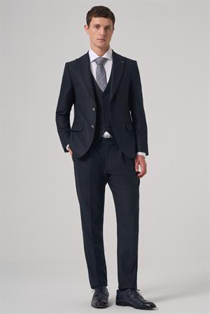 Morven Erkek Lacivert Poliviskon Trend Çizgili Slim Fit Sivri Yaka Yelekli Takım Elbise