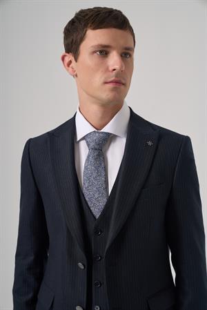 Morven Erkek Lacivert Poliviskon Trend Çizgili Slim Fit Sivri Yaka Yelekli Takım Elbise