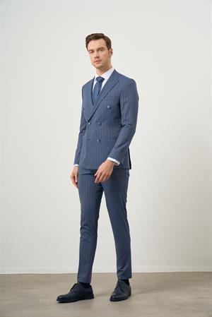 Morven Erkek Lacivert Poliviskon Trend Kruvaze Slim Fit Sivri Yaka Takım Elbise