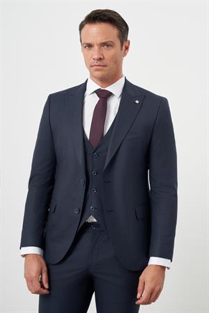 Morven Erkek Lacivert Poliviskon Trend Yelekli Çizgili Desen Slim Fit  Sivri Yaka Takım Elbise