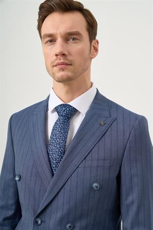 Morven Erkek Lacivert Poliviskon Trend Kruvaze Slim Fit Sivri Yaka Takım Elbise