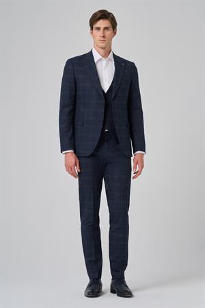 Morven Erkek Lacivert Poliviskon Trend Yelekli Ekoseli Slim Fit Sivri Yaka Takım Elbise