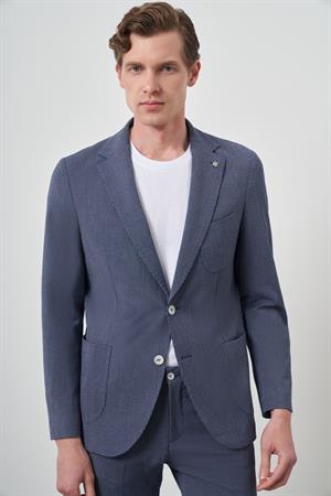 Morven Erkek Lacivert Poliviskon Trend Çizgili Slim Fit Mono Yaka Takım Elbise