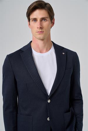 Morven Erkek Lacivert Poliviskon Trend Çizgili Slim Fit Mono Yaka Takım Elbise