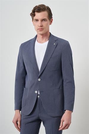 Morven Erkek Lacivert Poliviskon Trend Çizgili Slim Fit Mono Yaka Takım Elbise