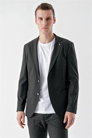 Morven Erkek Lacivert Poliviskon Trend Çizgili Desen Slim Fit Mono Yaka Takım Elbise