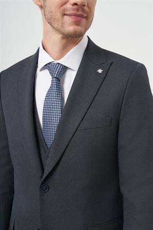 Morven Erkek Lacivert Poliviskon Trend Yelekli Desenli Slim Fit Sivri Yaka Takım Elbise