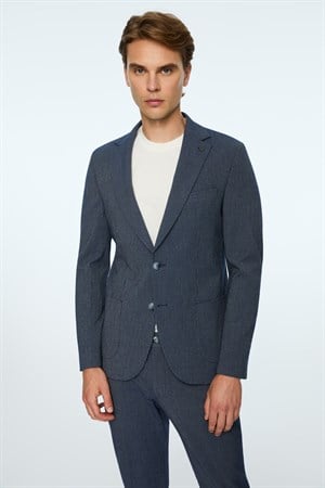 Morven Erkek Lacivert Poliviskon Trend Çizgili Slim Fit Mono Yaka Takım Elbise