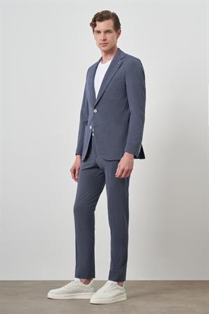 Morven Erkek Lacivert Poliviskon Trend Çizgili Slim Fit Mono Yaka Takım Elbise