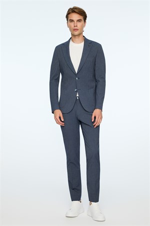 Morven Erkek Lacivert Poliviskon Trend Çizgili Slim Fit Mono Yaka Takım Elbise