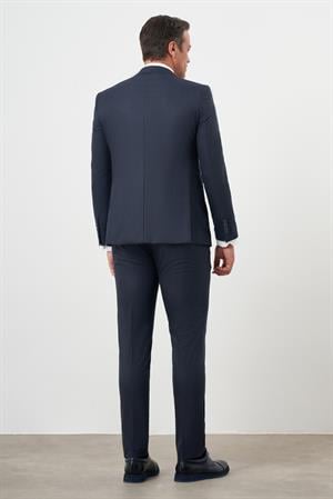 Morven Erkek Lacivert Poliviskon Trend Yelekli Çizgili Desen Slim Fit  Sivri Yaka Takım Elbise