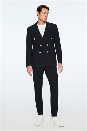 Morven Erkek Lacivert Poliviskon Trend Desenli Slim Fit Sivri Yaka Kruvaze Takım Elbise