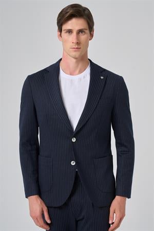 Morven Erkek Lacivert Poliviskon Trend Çizgili Slim Fit Mono Yaka Takım Elbise