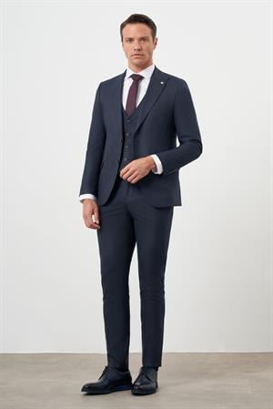 Morven Erkek Lacivert Poliviskon Trend Yelekli Çizgili Desen Slim Fit  Sivri Yaka Takım Elbise