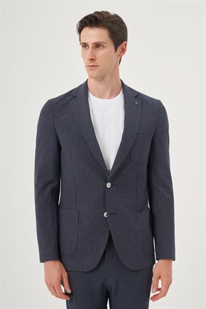 Morven Erkek Lacivert Poliviskon Trend Çizgili Slim Fit Mono Yaka Takım Elbise