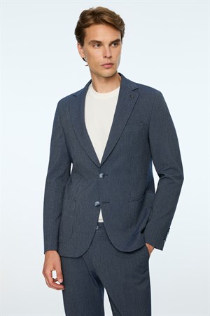 Morven Erkek Lacivert Poliviskon Trend Çizgili Slim Fit Mono Yaka Takım Elbise