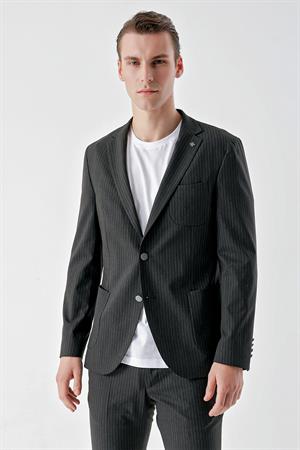 Morven Erkek Lacivert Poliviskon Trend Çizgili Desen Slim Fit Mono Yaka Takım Elbise