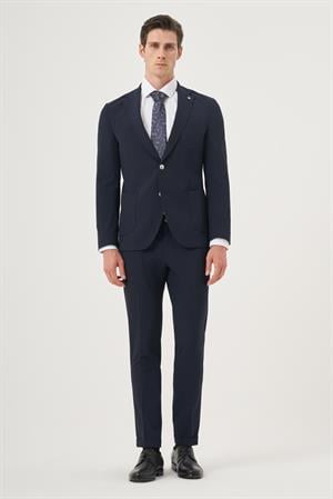 Morven Erkek Lacivert Poliviskon Trend Çizgili Slim Fit Mono Yaka Takım Elbise