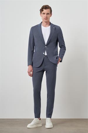 Morven Erkek Lacivert Poliviskon Trend Çizgili Slim Fit Mono Yaka Takım Elbise