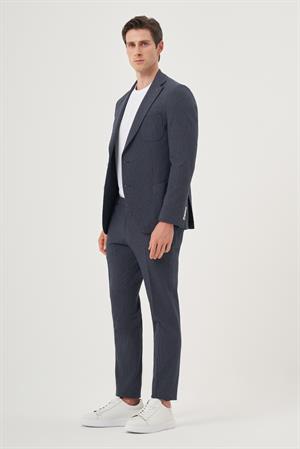 Morven Erkek Lacivert Poliviskon Trend Çizgili Slim Fit Mono Yaka Takım Elbise