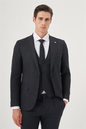 Morven Erkek Lacivert Poliviskon Trend Desenli Slim Fit Sivri Yaka Yelekli Takım Elbise