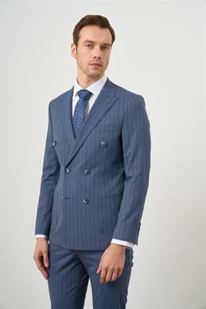 Morven Erkek Lacivert Poliviskon Trend Kruvaze Slim Fit Sivri Yaka Takım Elbise