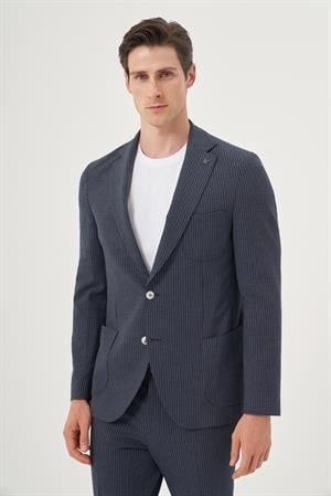Morven Erkek Lacivert Poliviskon Trend Çizgili Slim Fit Mono Yaka Takım Elbise