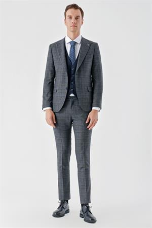 Morven Erkek Lacivert Poliviskon Trend Yelekli Kombinli Sivri Yaka Takım Elbise