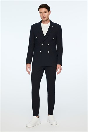 Morven Erkek Lacivert Poliviskon Trend Desenli Slim Fit Sivri Yaka Kruvaze Takım Elbise